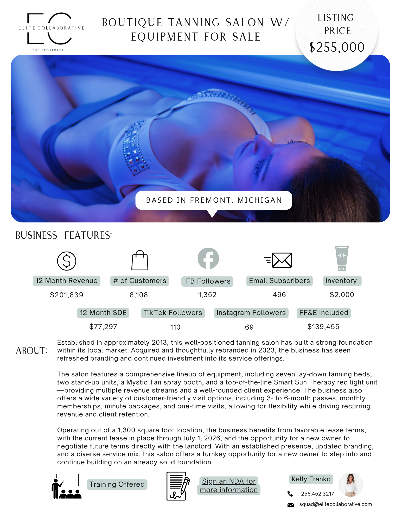 Profitable Stylish Tanning Salon/$201K Rev/$77K SDE/8K+ Cust/$139K FFE