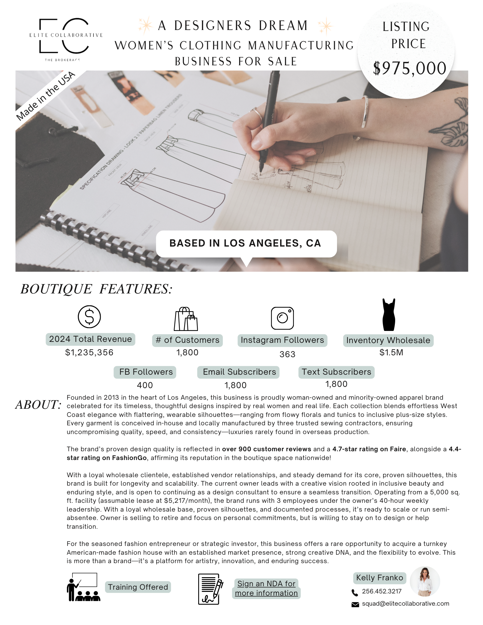Designers Dream Women's Clothing Manufacturing Business $975,000