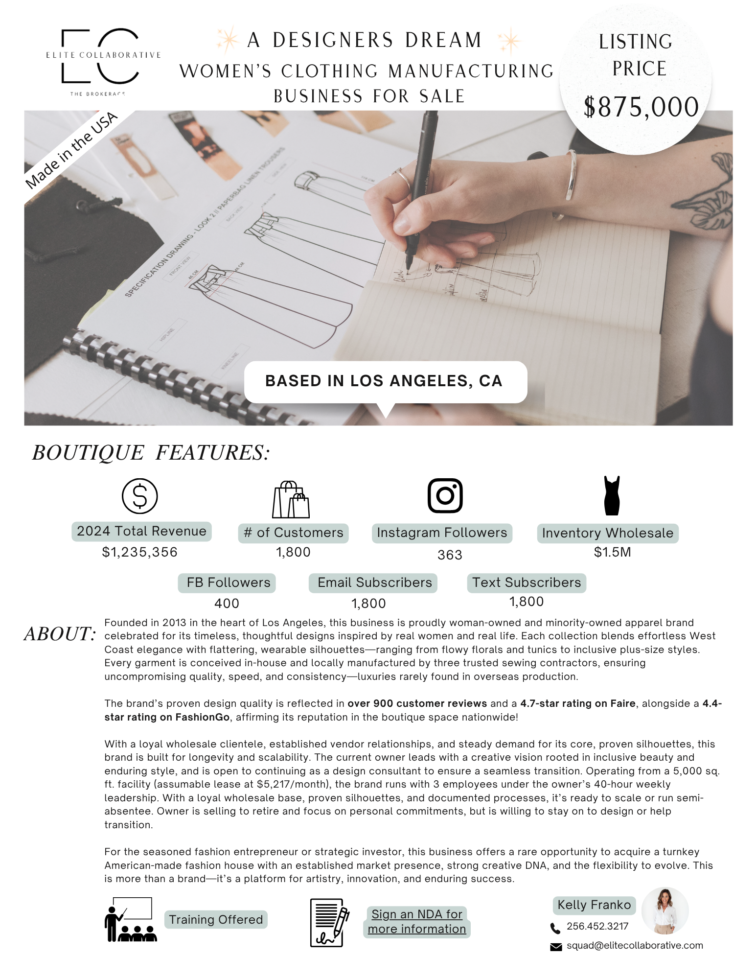 Designers Dream Women's Clothing Manufacturing Business $875,000