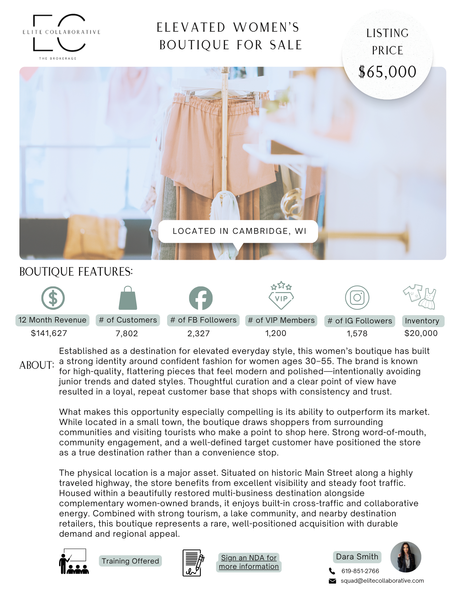 Charming Women’s Boutique in Historic Tourist Downtown $65,000