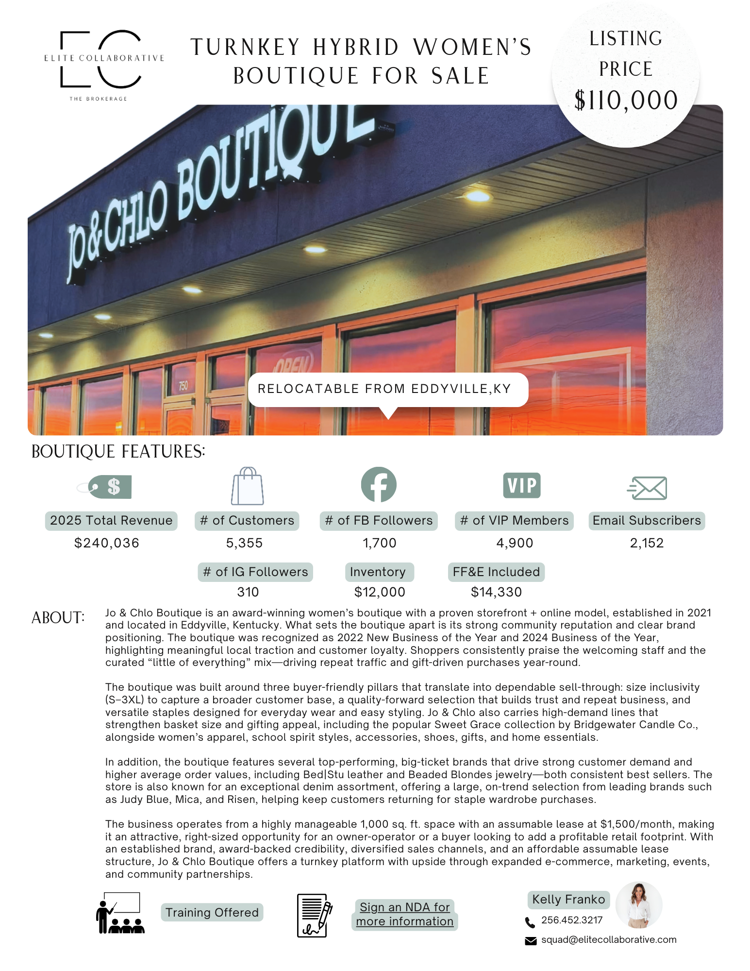 Upscale Award Winning Hybrid Boutique/$240K+ Rev/$48K+SDE/5K+ Cust $110,000