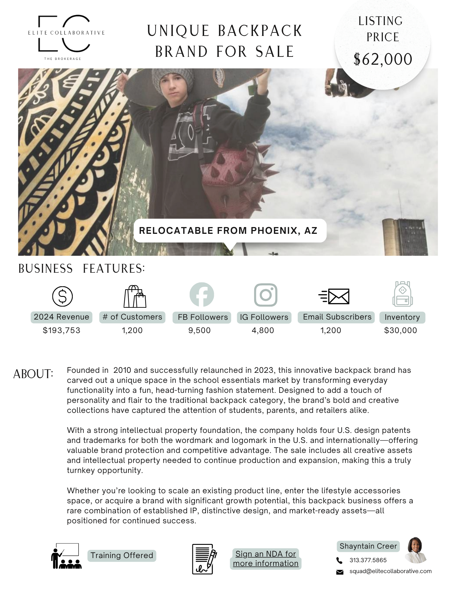 Patented Backpack Brand $62,000