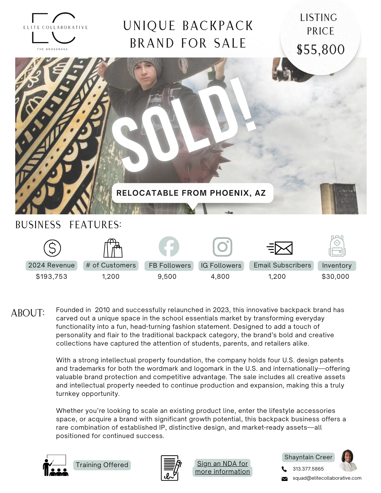 *SOLD* Patented Backpack Brand $55,800